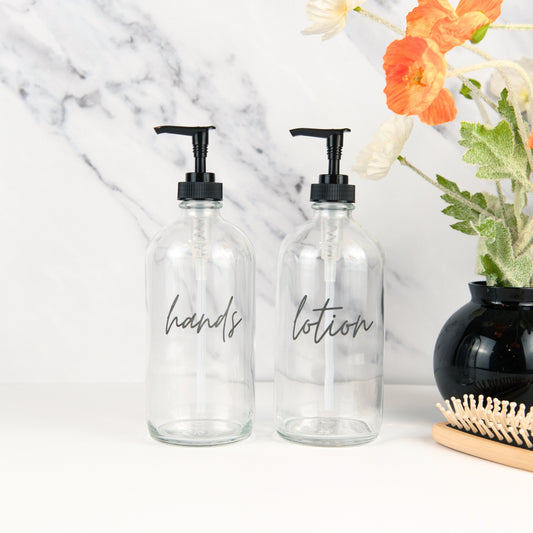 Engraved Classic Glass Soap Dispenser Bottles - Hand Soap, Dish Soap, Lotion Glass