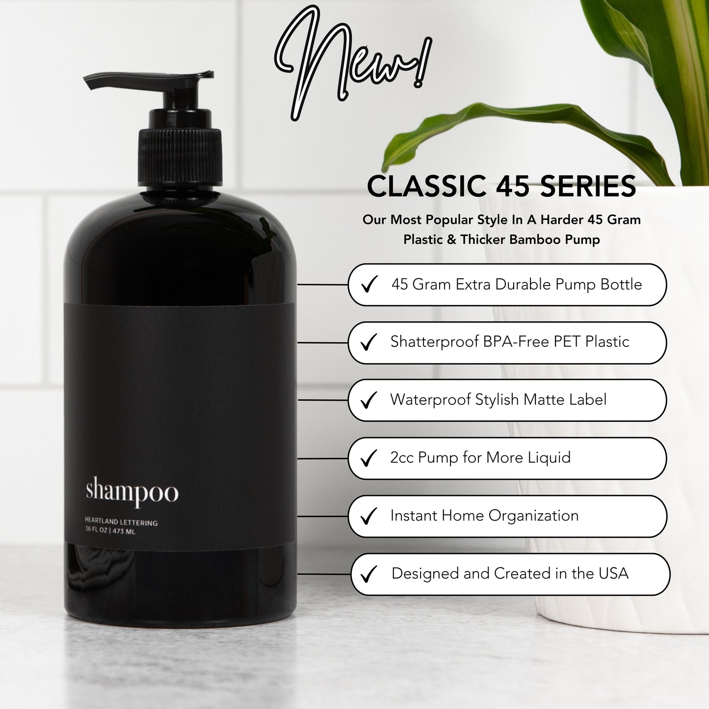 Black Minimalist Shower Dispenser Bottles - Manhattan Collection, Black Matte Label | Black Glossy Bottle