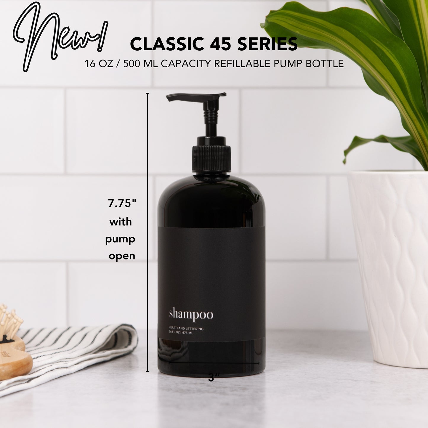 Black Minimalist Shower Dispenser Bottles - Manhattan Collection, Black Matte Label | Black Glossy Bottle