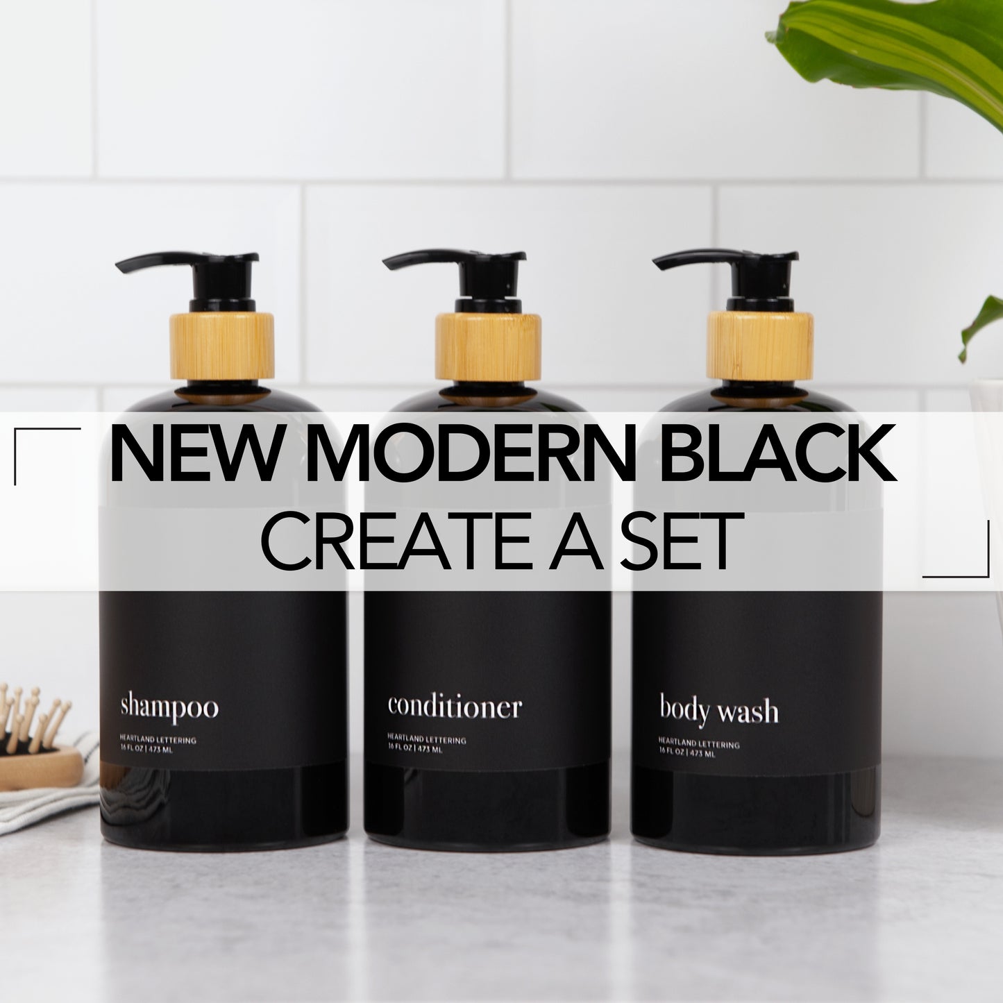 Black Minimalist Shower Dispenser Bottles - Manhattan Collection, Black Matte Label | Black Glossy Bottle