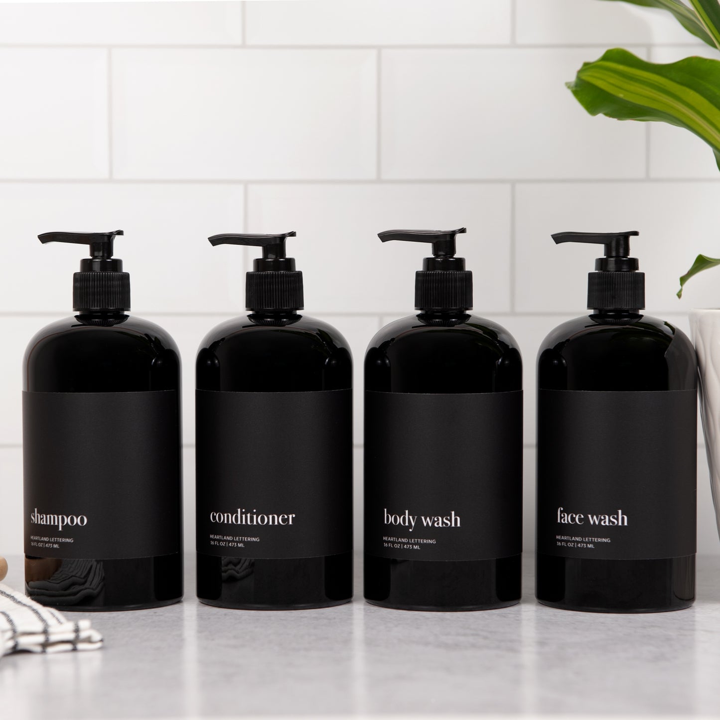 Black Minimalist Shower Dispenser Bottles - Manhattan Collection, Black Matte Label | Black Glossy Bottle