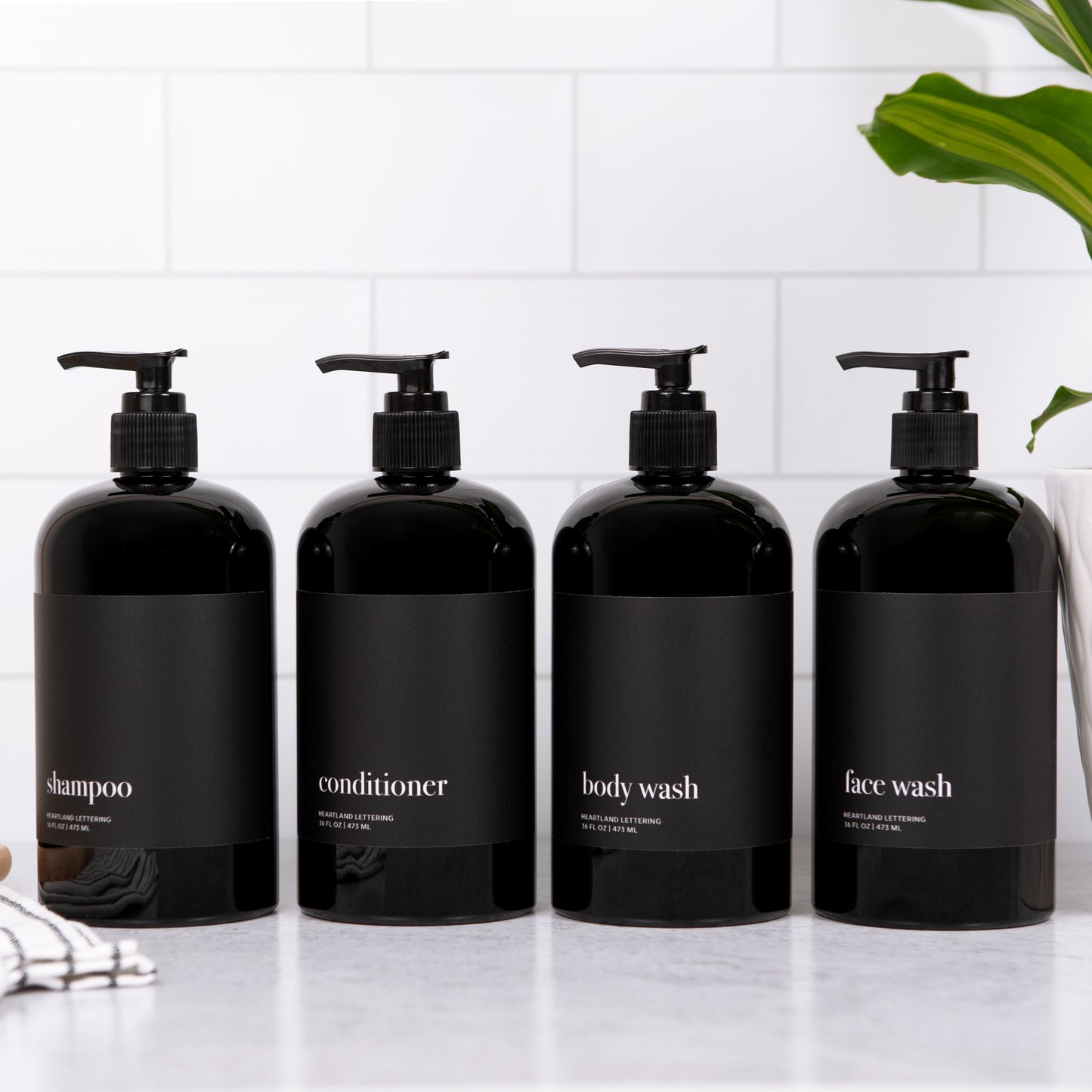 Black Minimalist Shower Dispenser Bottles - Manhattan Collection, Black Matte Label | Black Glossy Bottle