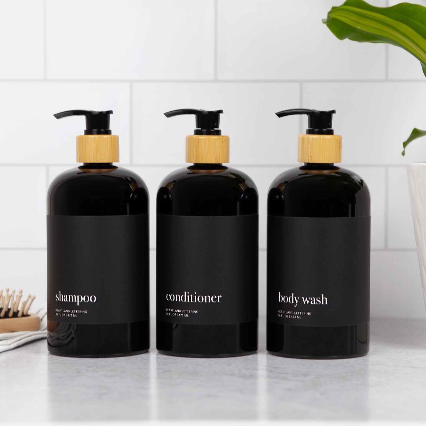 Black Minimalist Shower Dispenser Bottles - Manhattan Collection, Black Matte Label | Black Glossy Bottle