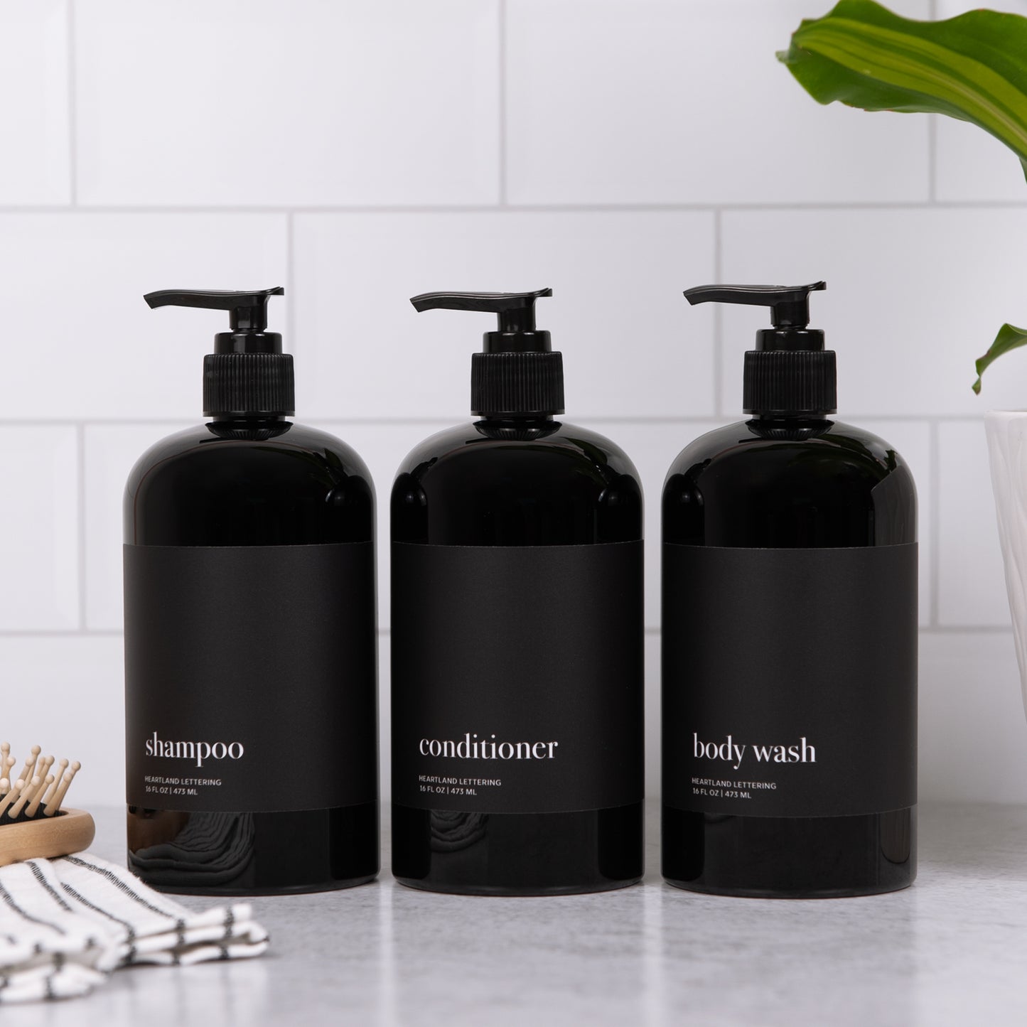 Black Minimalist Shower Dispenser Bottles - Manhattan Collection, Black Matte Label | Black Glossy Bottle